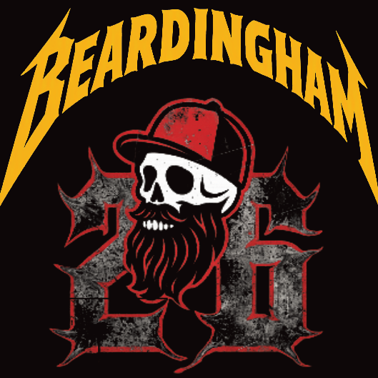 A graphic design featuring the word 'BEARDINGHAM' in yellow arched lettering above a skull wearing a red cap and a long red beard, set over large distressed gray and red gothic numerals on a black background.