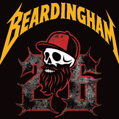 A graphic design featuring the word 'BEARDINGHAM' in yellow arched lettering above a skull wearing a red cap and a long red beard, set over large distressed gray and red gothic numerals on a black background.