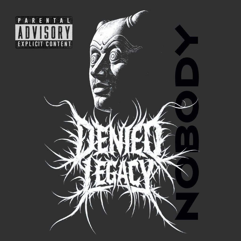 Album cover art for 'Denied Legacy' by 'Nobody', featuring a black and white illustration of a horned demon face, a parental advisory label in the top-left, and the band name 'Noboody' printed vertically on the right against a dark gray background.