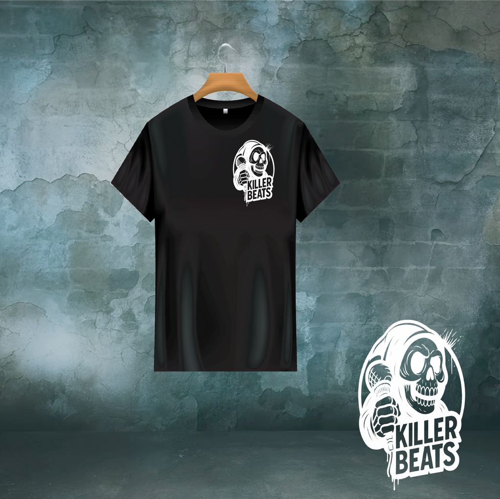 Black t-shirt with 'Killer Beats' logo on a textured gray background
