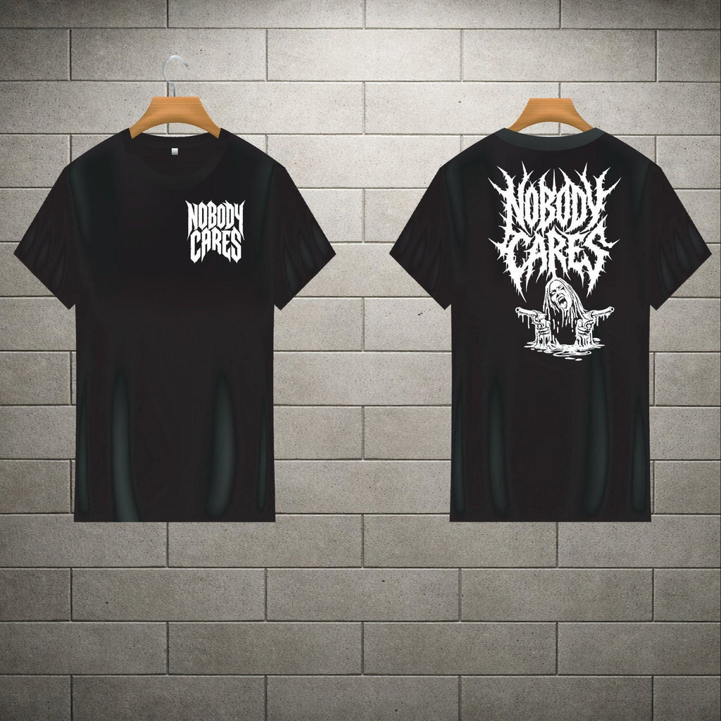 Black t-shirt with 'Nobody Cares' graphic design on a brick wall background