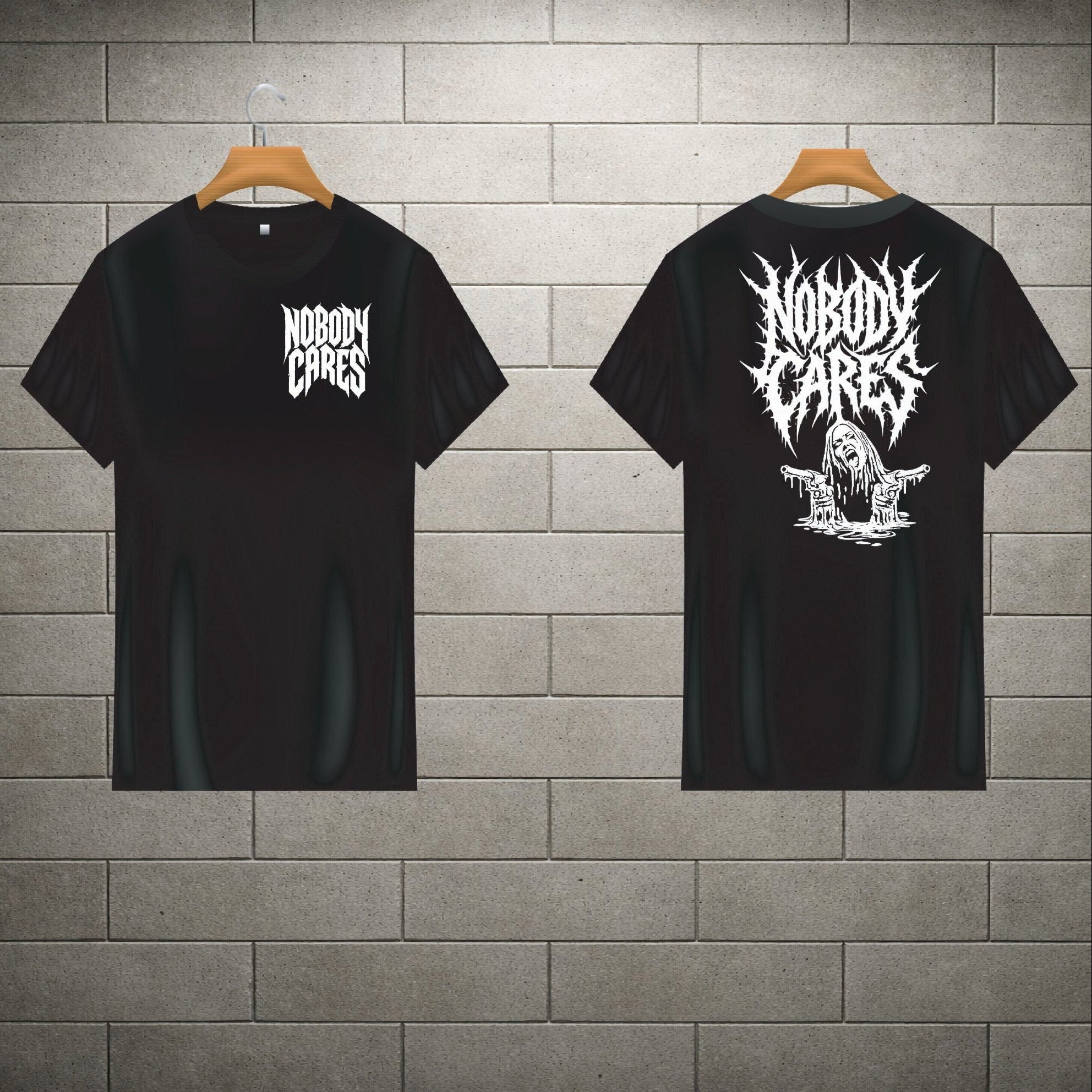 Black t-shirt with 'Nobody Cares' graphic design on a brick wall background