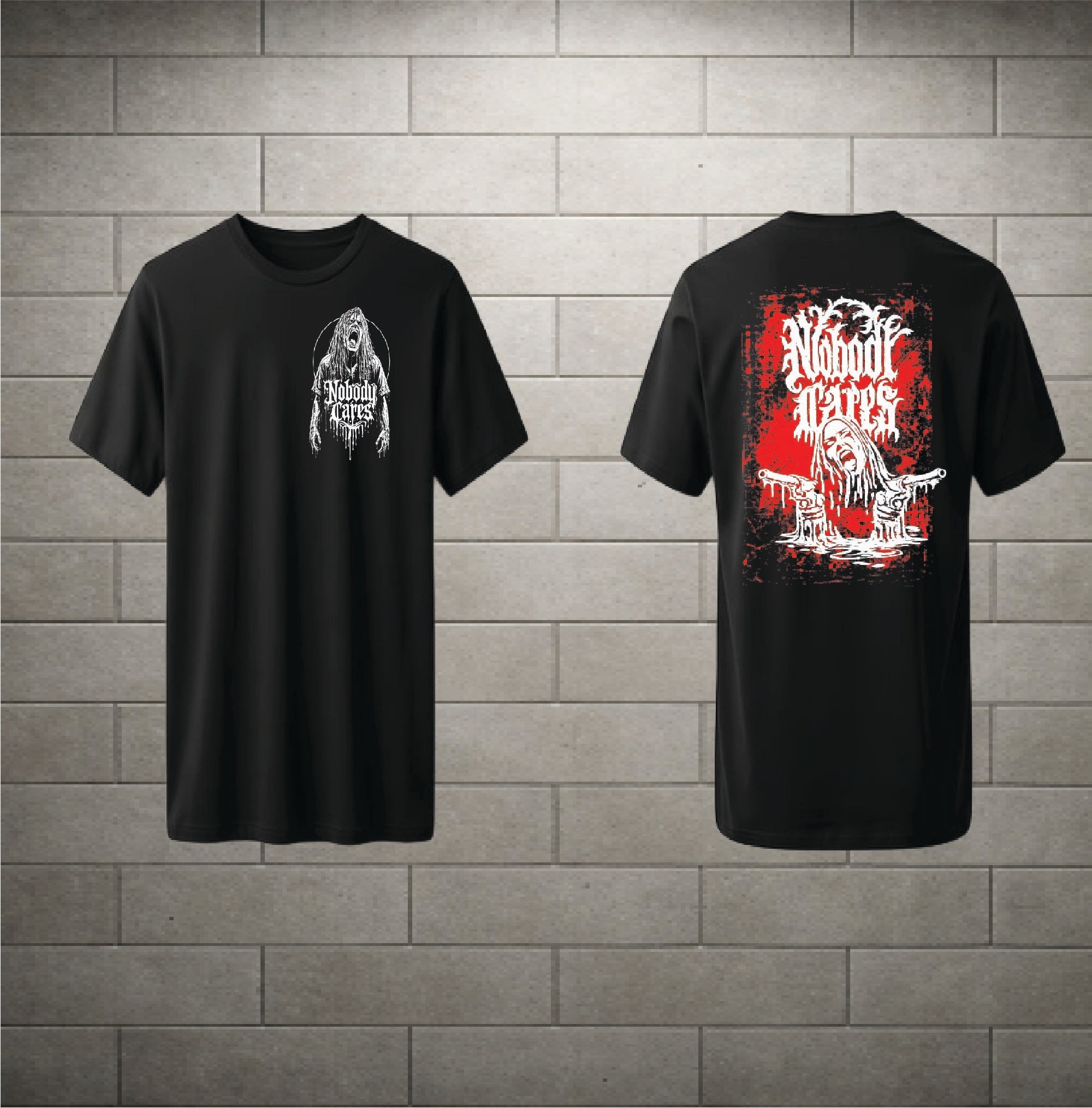 Two black short-sleeve graphic T-shirts shown against a gray brick wall background, displaying the front and back designs. The front features a white graphic of a hooded figure with the text 'WE ARE NOT A VETERAN'.