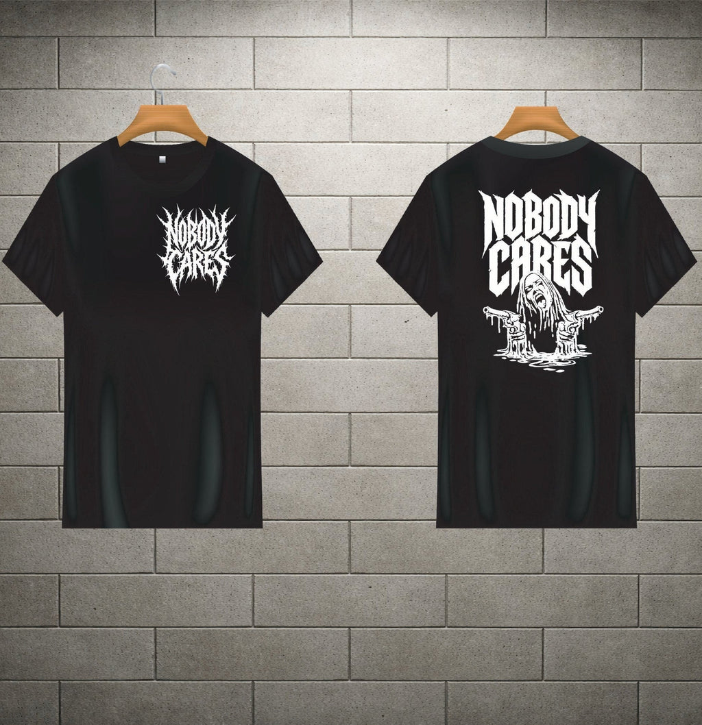 Black t-shirt with 'Nobody Cares' graphic design on a brick wall background