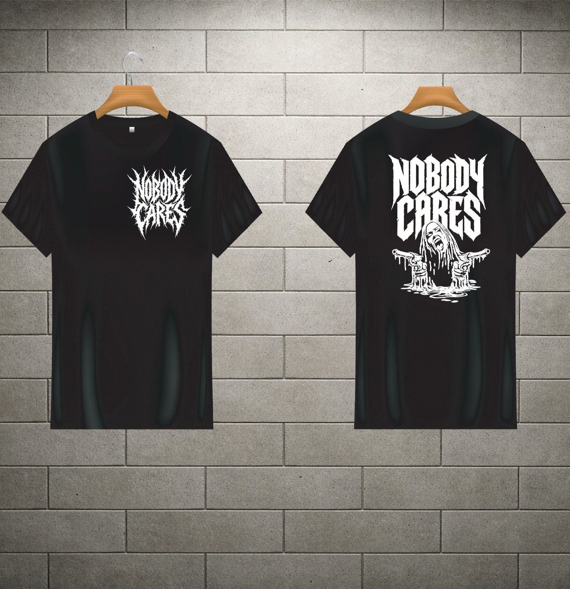 Black t-shirt with 'Nobody Cares' graphic design on a brick wall background