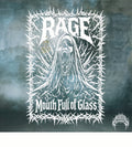 Album cover for 'Mouth Full of Glass' by Rage with a stylized figure and thorns on a textured green background.