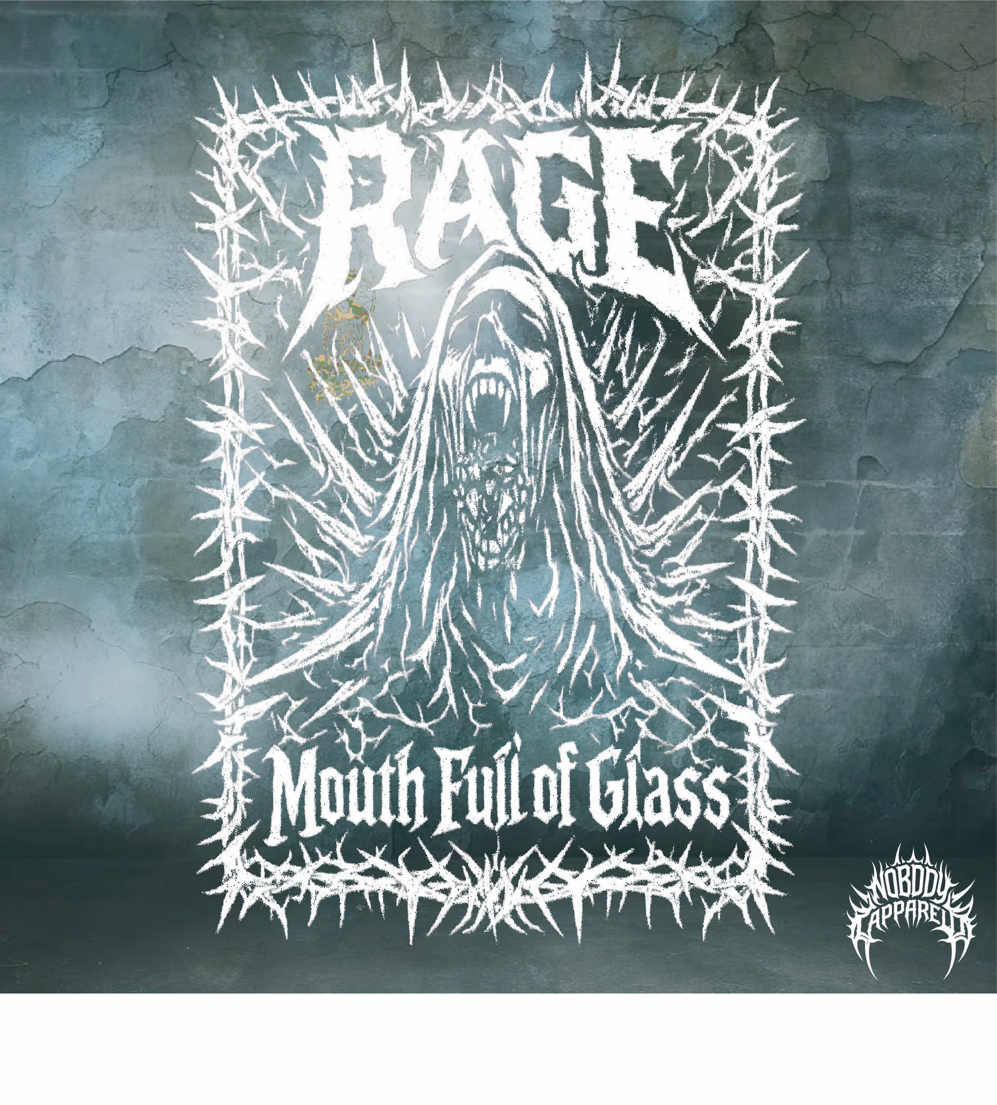 Album cover for 'Mouth Full of Glass' by Rage with a stylized figure and thorns on a textured green background.