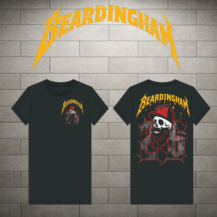 Two views of a black short-sleeve t-shirt with 'Beardingham' band graphics, displayed against a gray brick wall background with a yellow band logo above.