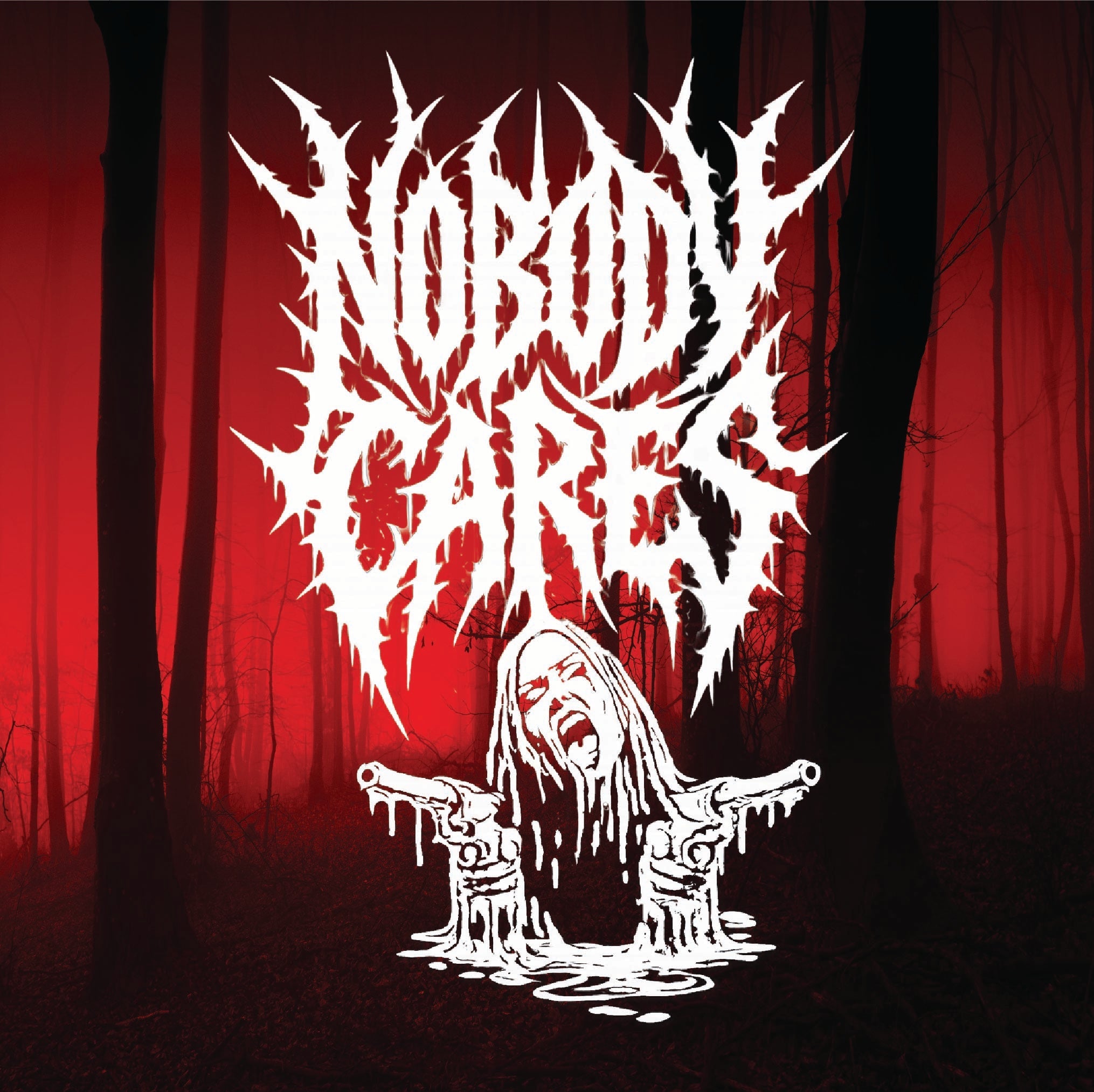 Artistic depiction of a ghostly figure with 'Nobody Dark' text in a red and black forest setting.