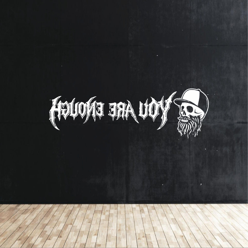 Black surface with white text and logo design
