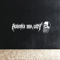 Black surface with white text and logo design
