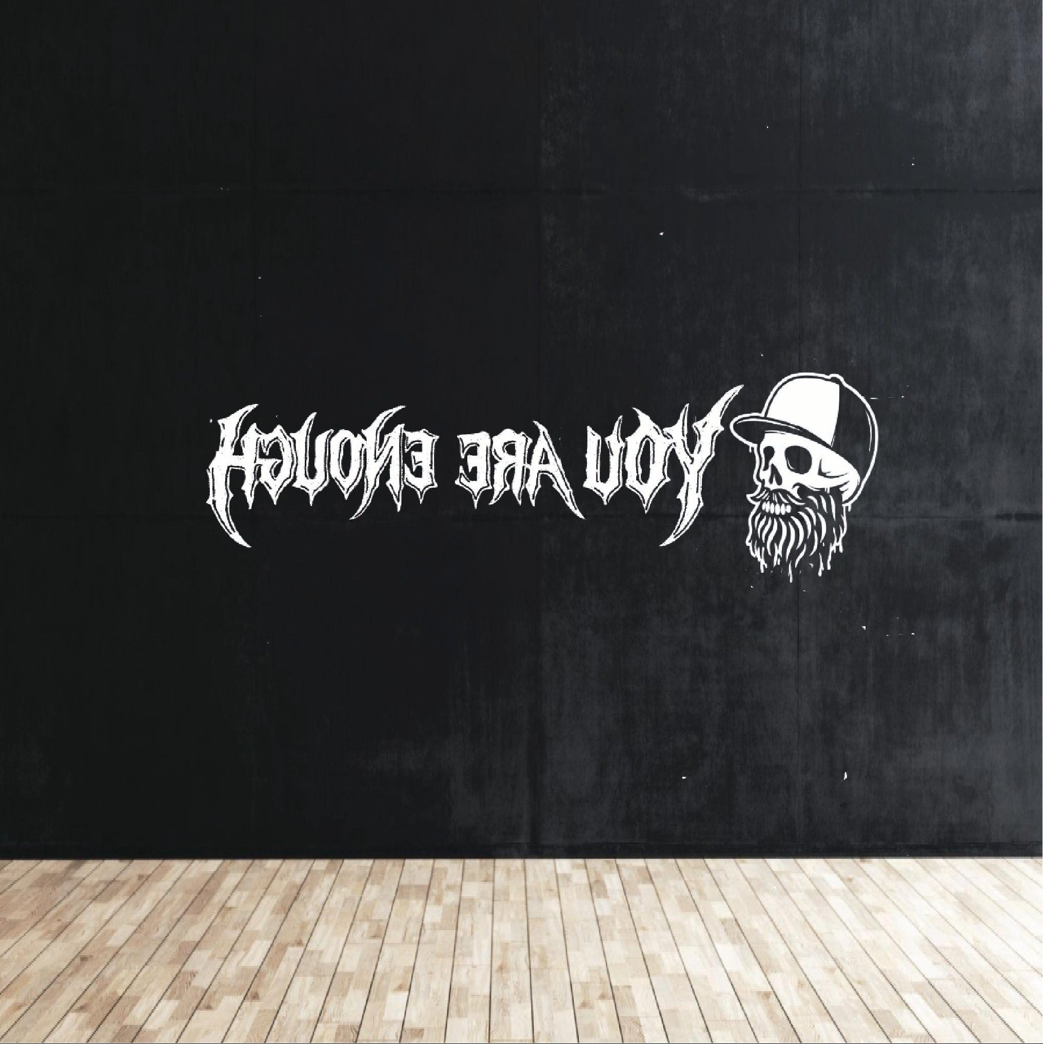 Black surface with white text and logo design