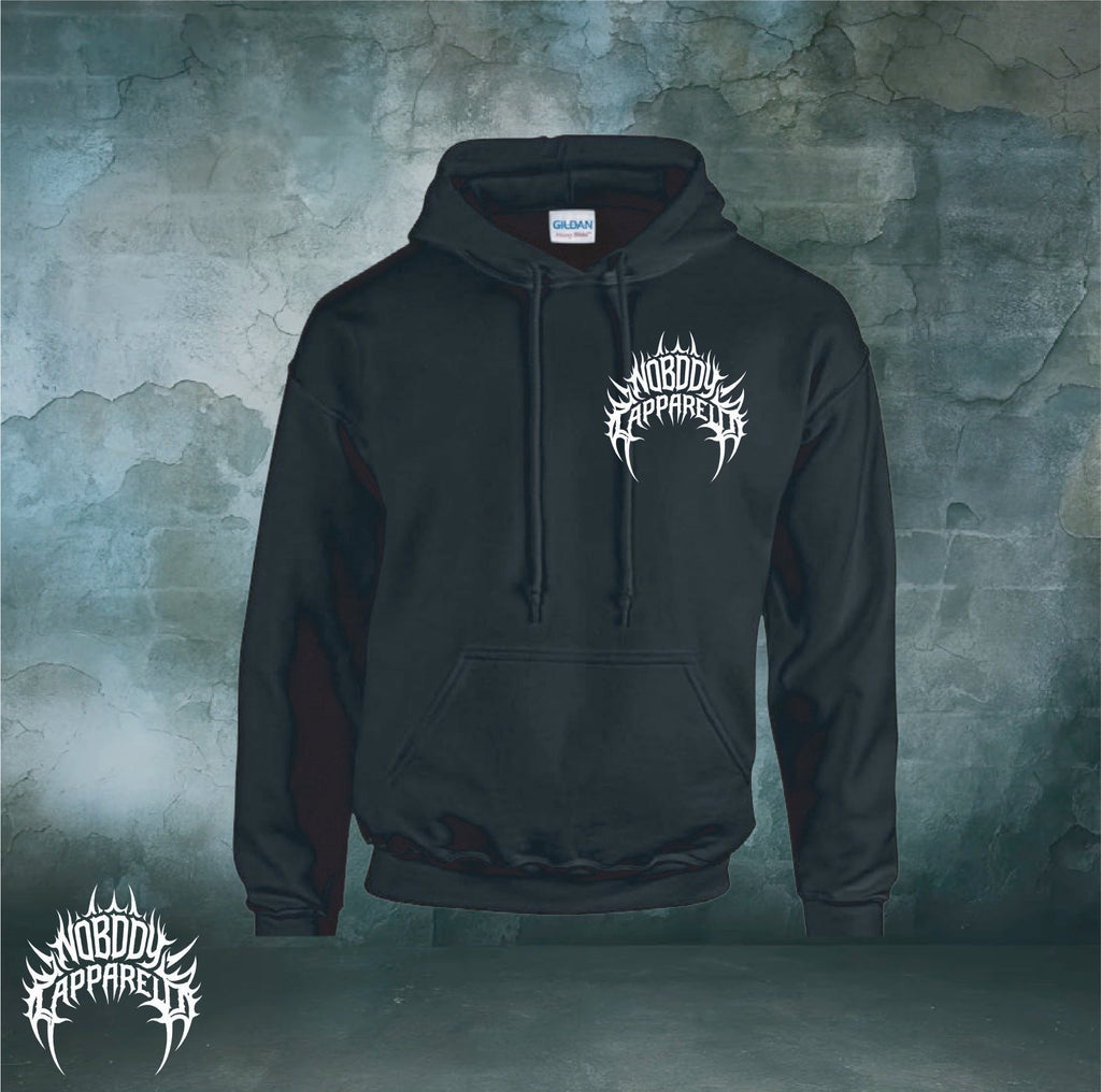 Black hoodie with a logo on a textured green background