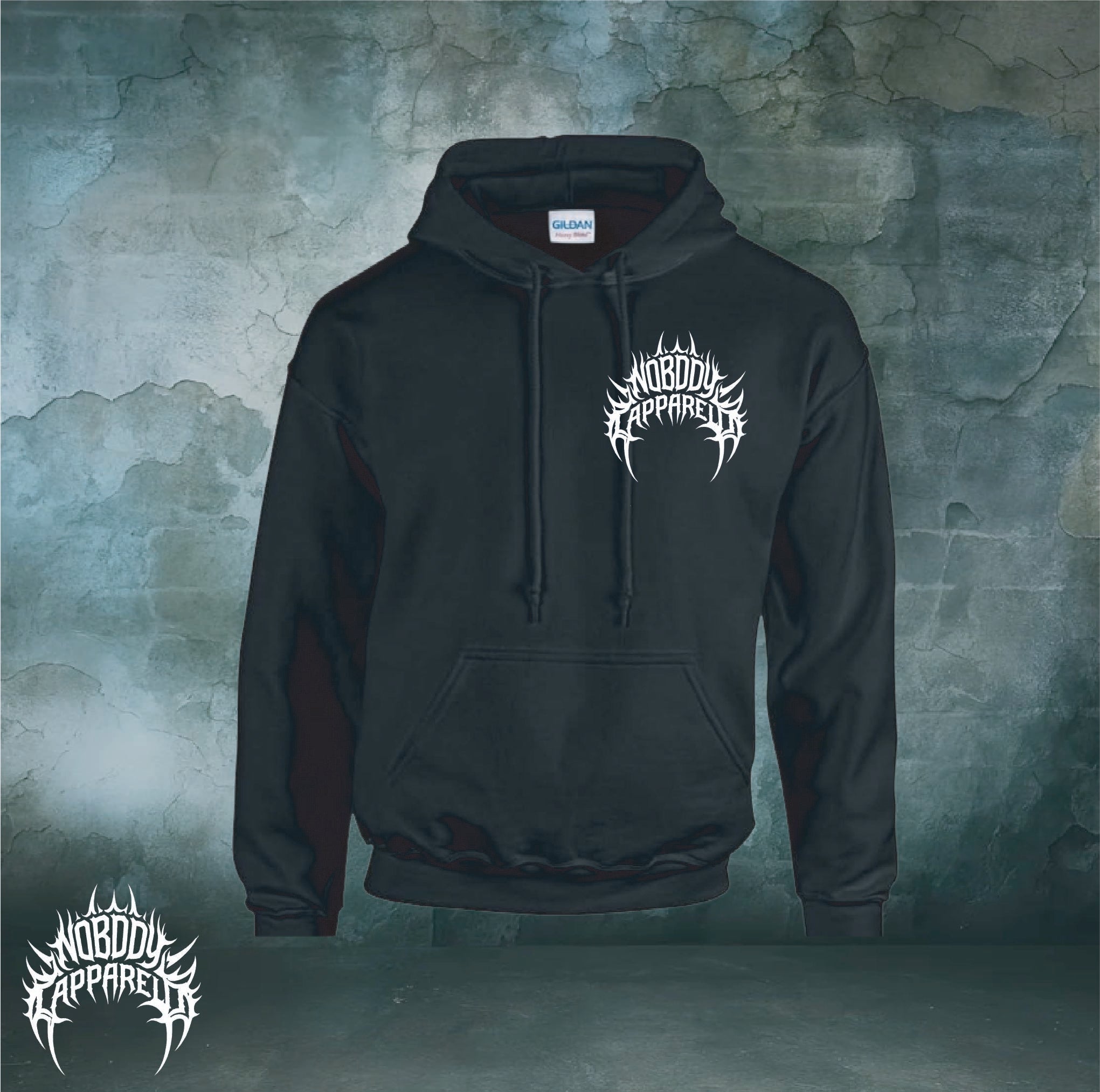 Black hoodie with a logo on a textured green background