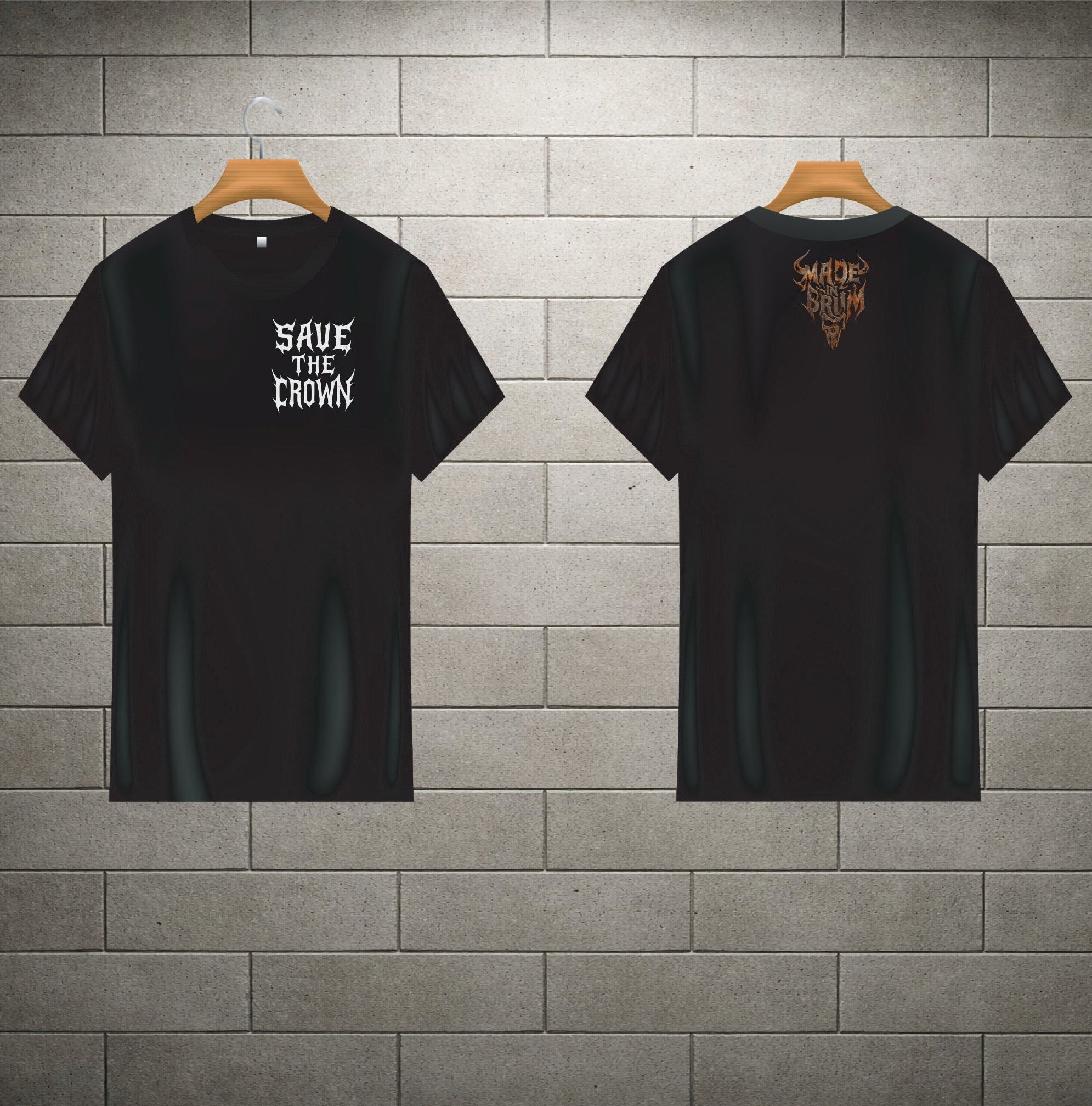 Black t-shirt with 'Save the Crown' text on a hanger against a brick wall.