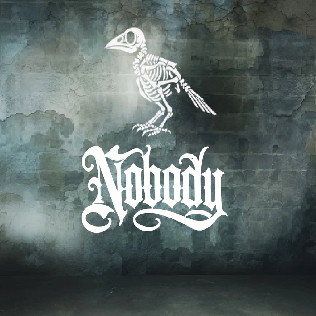 White gothic-style 'Nobody' text with a white skeletal raven above it, centered on a distressed dark gray and green textured background.