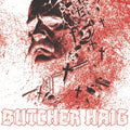 A graphic art print featuring a stylized portrait of a man's face in black, dissolving into numerous black crosses and splattered red ink on a white background, with the text 'BUTCHER HAIG' in a red outlined font at the bottom.