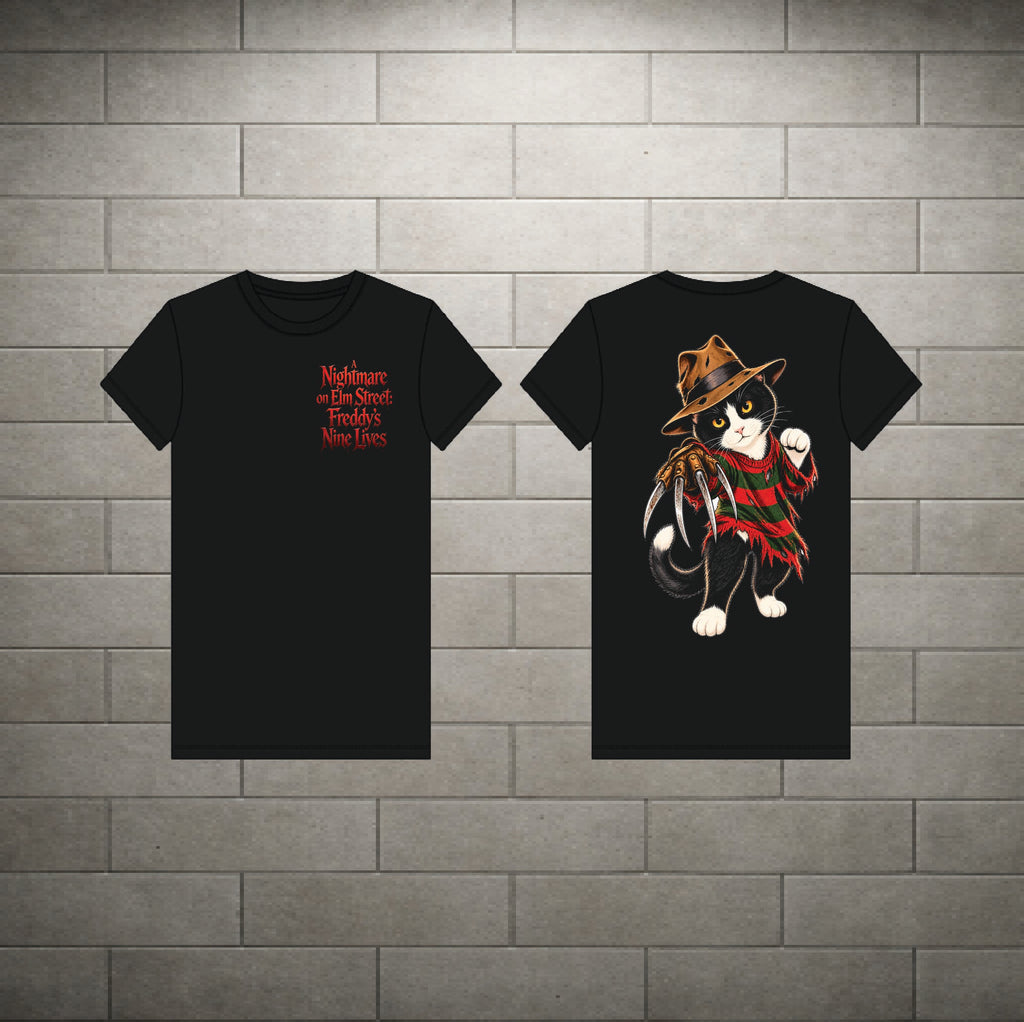 Two black short-sleeve T-shirts shown against a gray brick wall background. The left shirt has red text on the chest reading 'Nightmare on Elm Street: The First Two More Less.