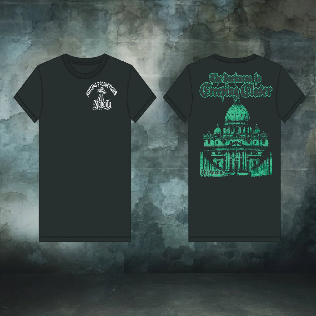 Two black short-sleeve t-shirts shown front and back against a textured dark gray background. The front shirt has a small white circular graphic on the left chest.