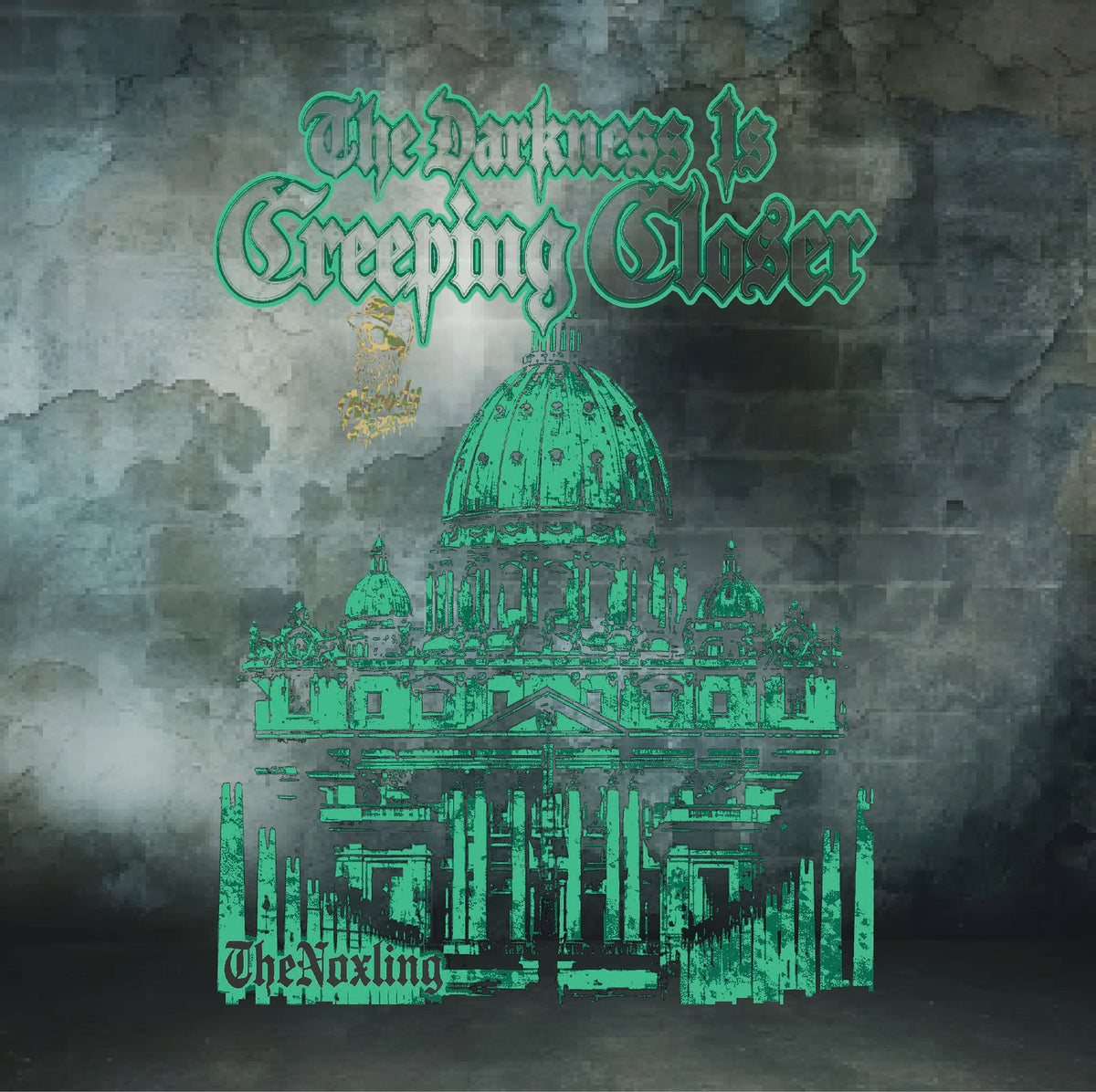 Album cover art for 'The Darkness Is Creeping Closer' by 'The Anxieting', featuring a green distressed graphic of a domed cathedral on a textured gray and green background.