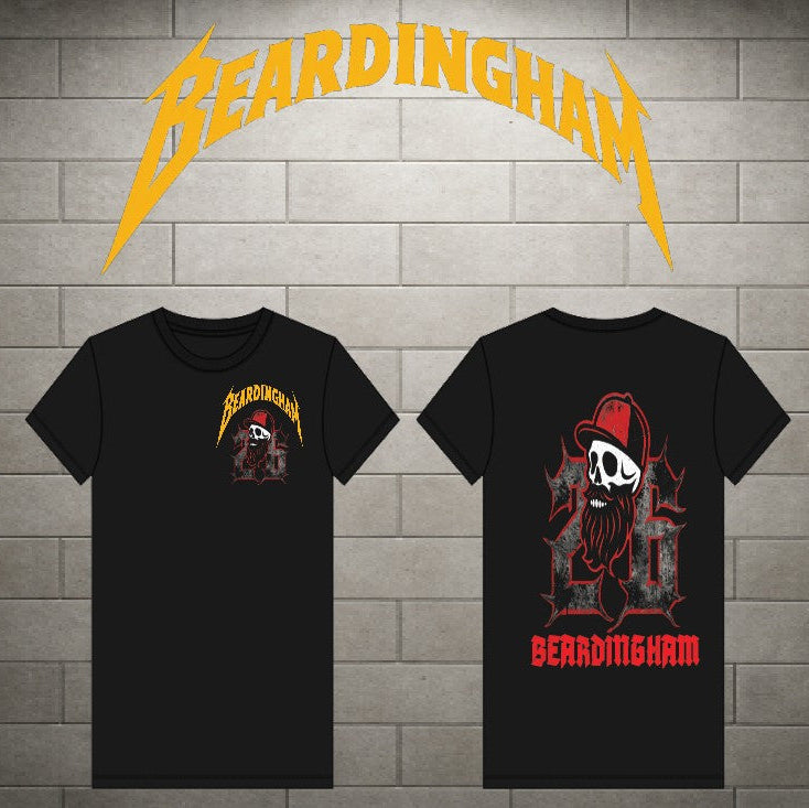 Two black short-sleeve t-shirts shown front and back against a gray brick wall background, with a large yellow 'BEARDINGHAM' logo above. The front shirt has a small red and yellow graphic on the left chest, and the back shirt has a large red, white, and gray graphic with the word 'BEARDINGHAM' in red at the bottom.