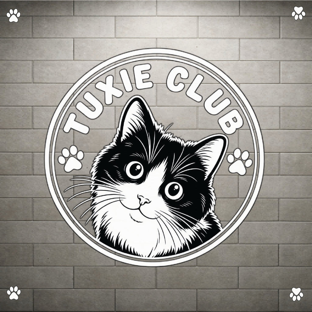 A circular black and white graphic featuring a tuxie cat illustration with the text 'TUXIE CLUB' and paw prints, shown on a gray brick wall background with small paw icons in the corners.