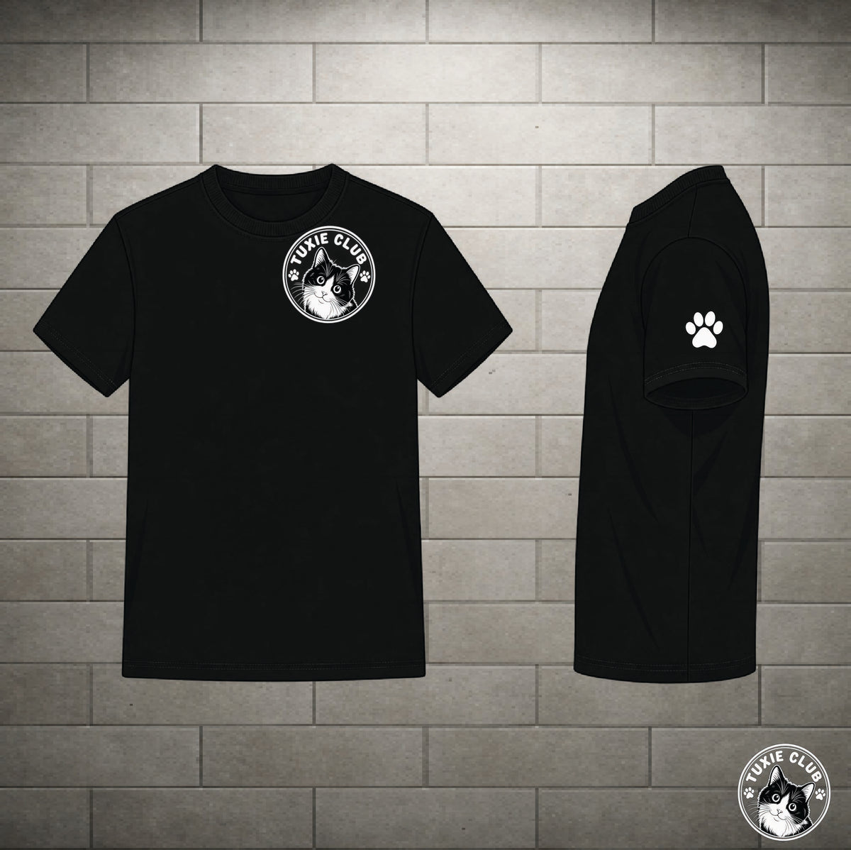 A black short-sleeve T-shirt shown from the front and side against a gray brick wall background. The front has a white circular dog head logo reading 'PROVE CLUB' on the left chest, and the side view shows a white paw print logo on the upper sleeve.